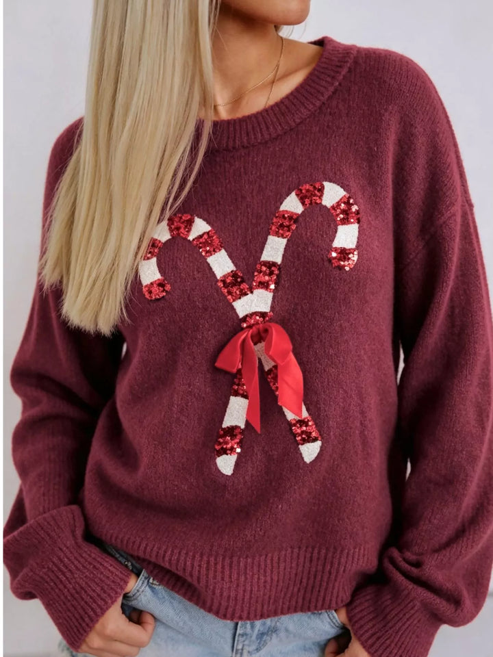 Sequined Candy Cane Bow Christmas Sweater