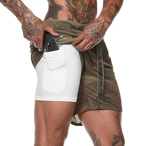 Men's 2-in-1 training shorts with outer layer and built-in compression liner