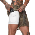 Men's 2-in-1 training shorts with outer layer and built-in compression liner