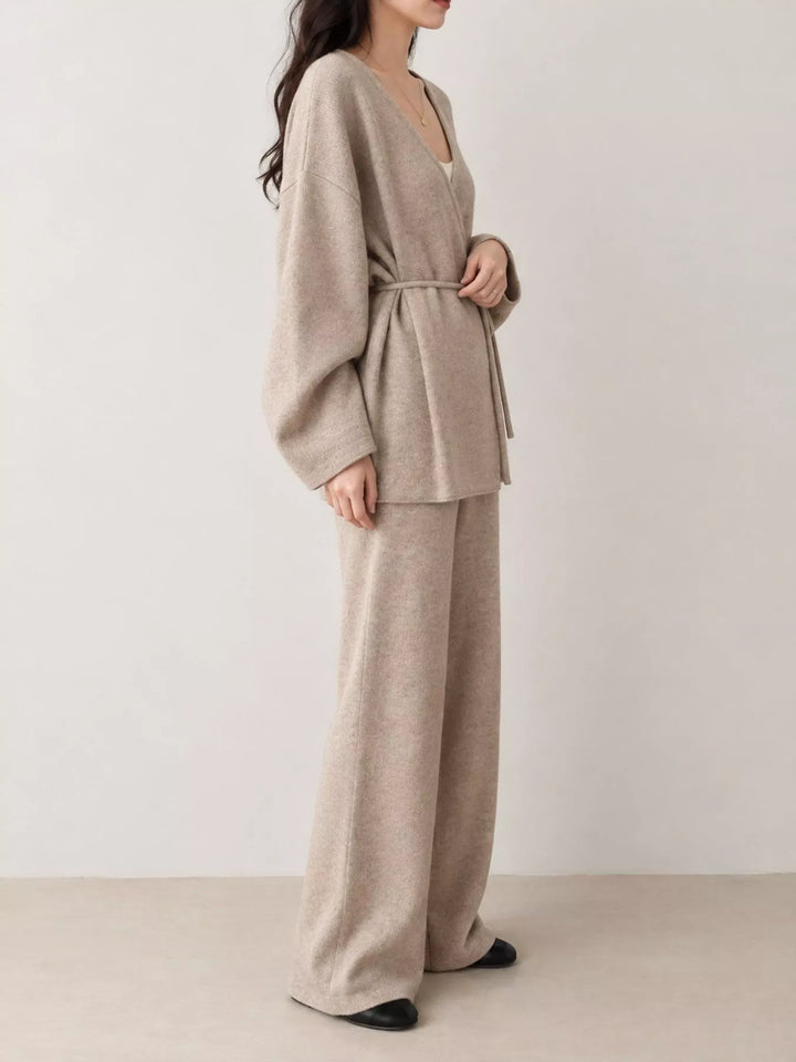V-Neck Tied Wrap Cardigan and Wide-Leg Pants Sweater Set