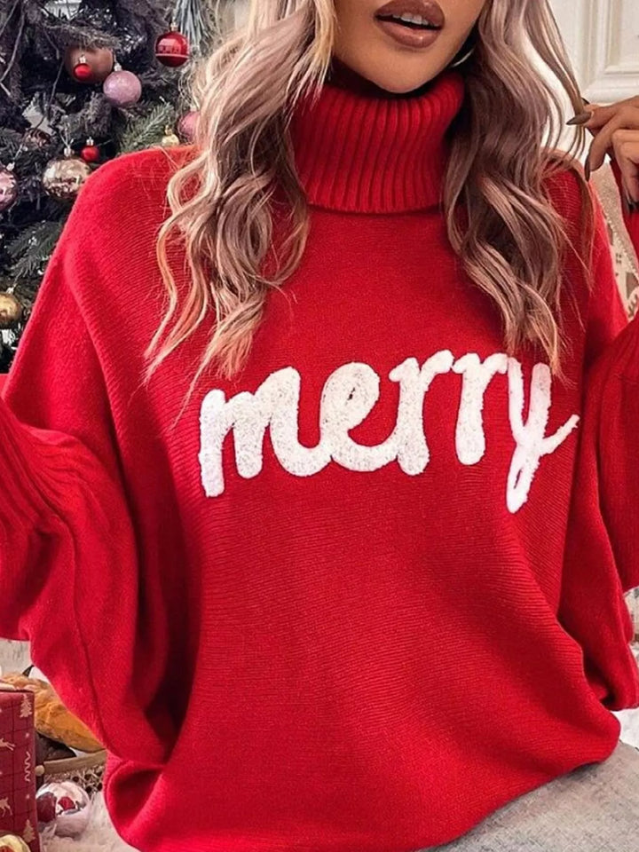 Relaxed Fit Christmas Letter Turtleneck Sweater