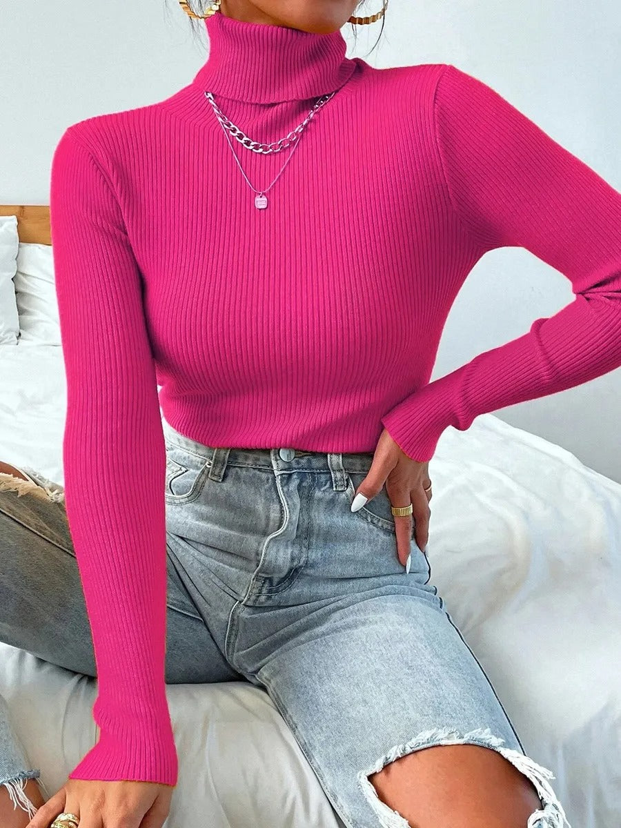 Women's ribbed knit turtleneck sweater, fitted with long sleeves