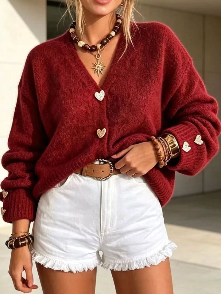 Relaxed Fit V Neck Heart Button Knit Cardigan