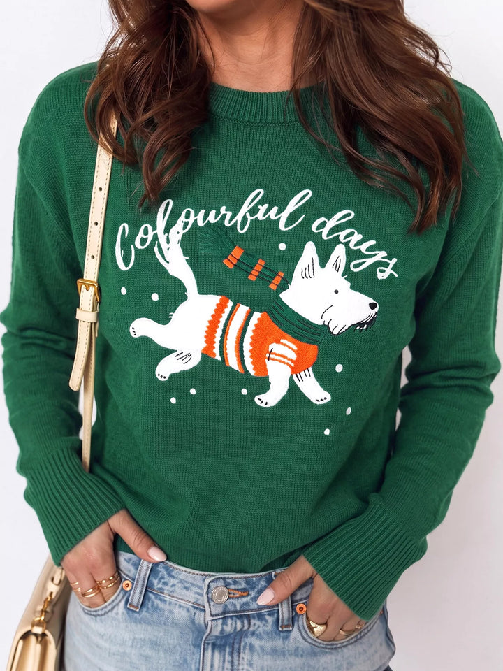 Abstract Dog Embroidery Christmas Round Neck Sweater