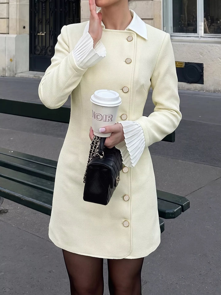 Button Front Pleated Cuff Mini Dress