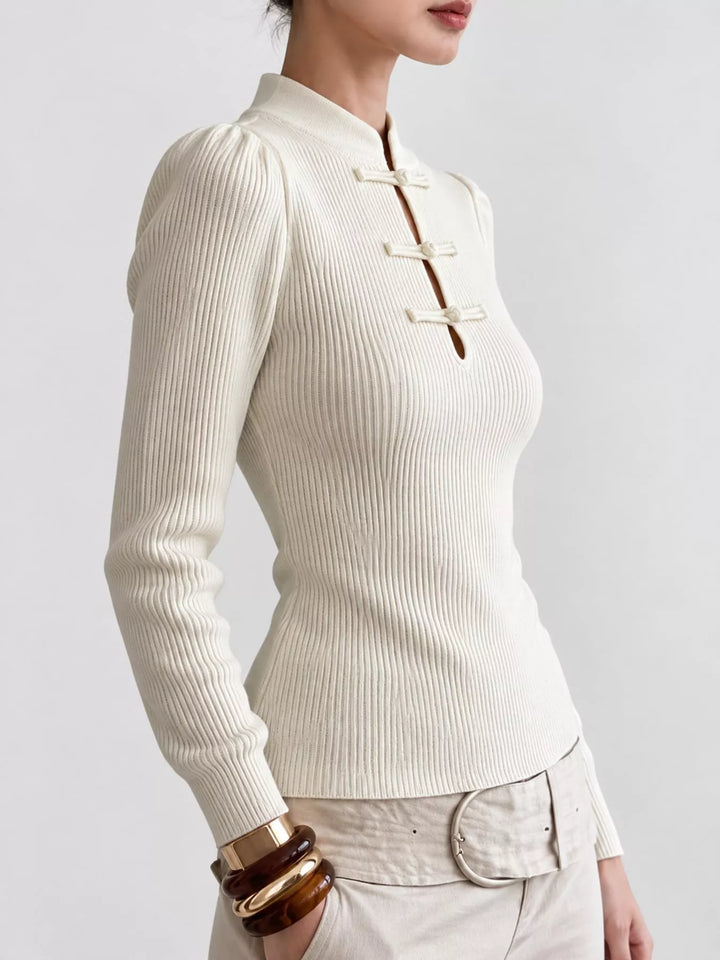 Bodycon Ribbed Knit Top with Chinese Buttons
