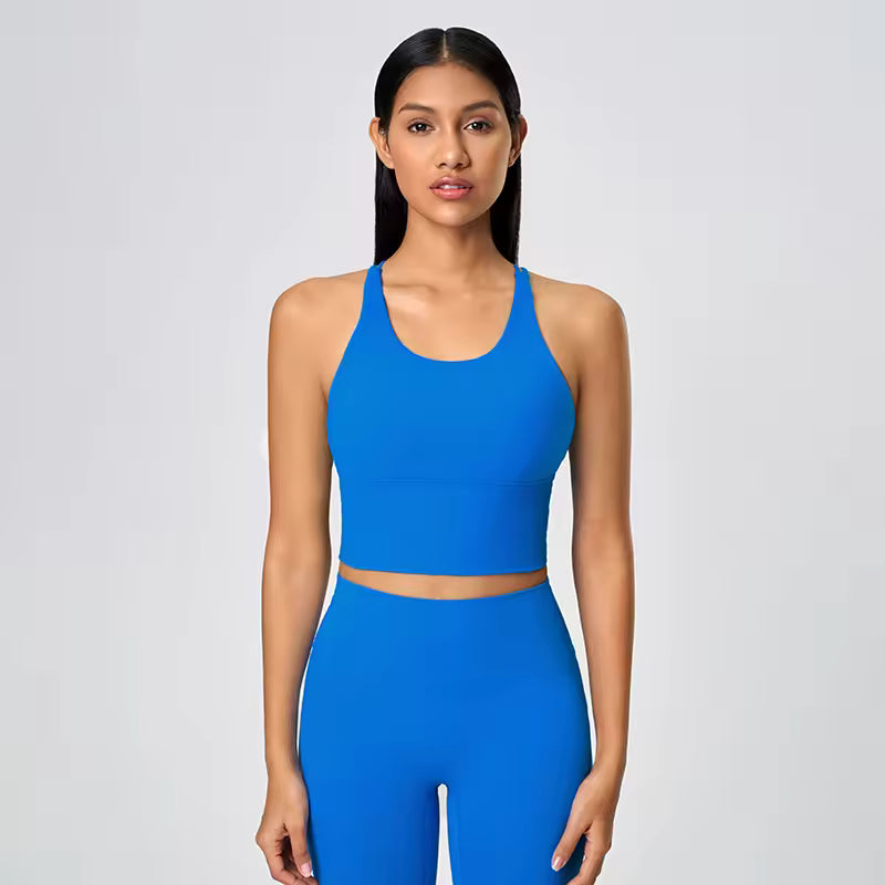 Women's cross-back athletic crop tank top with open back and quick-dry fabric
