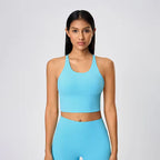 Women's cross-back athletic crop tank top with open back and quick-dry fabric