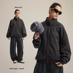 Heavyweight zip-up hoodie with structured stand collar and brushed-knit fabric