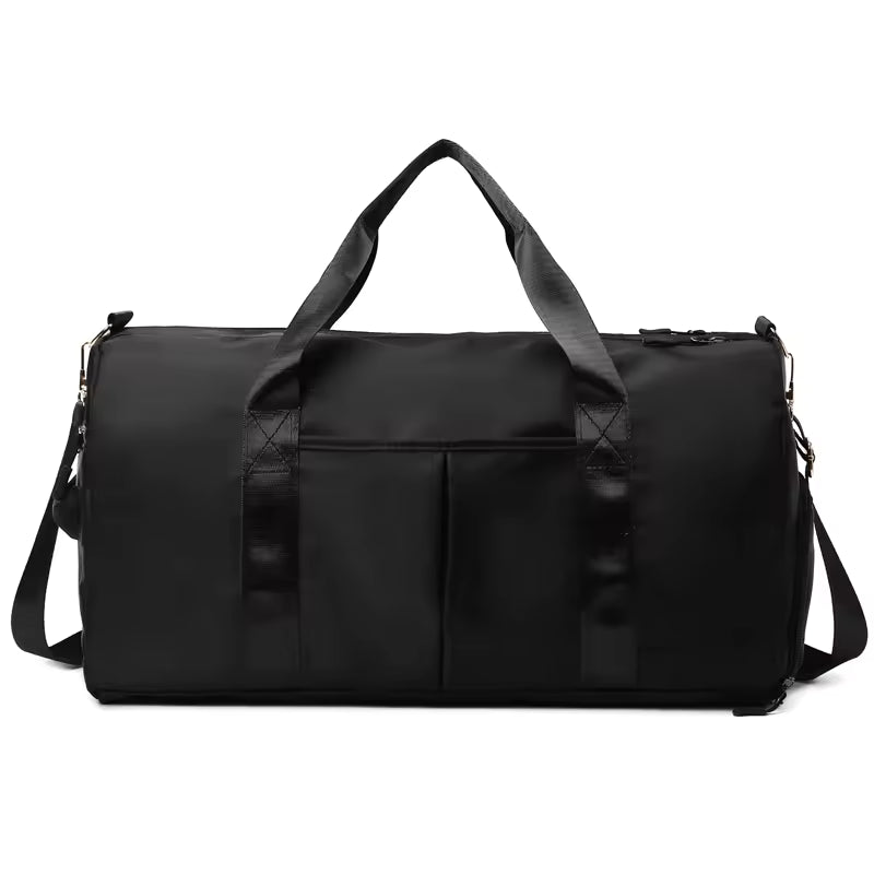 Waterproof gym duffle bag with ventilated shoe compartment and adjustable shoulder strap