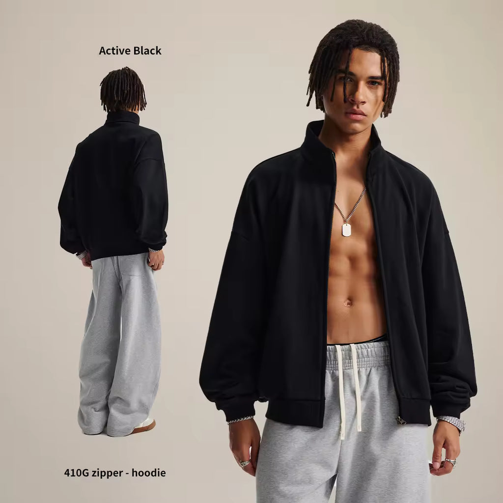 Heavyweight zip-up hoodie with structured stand collar and brushed-knit fabric