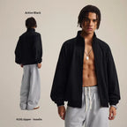 Heavyweight zip-up hoodie with structured stand collar and brushed-knit fabric