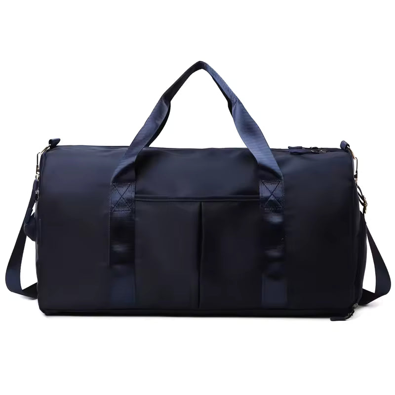 Waterproof gym duffle bag with ventilated shoe compartment and adjustable shoulder strap