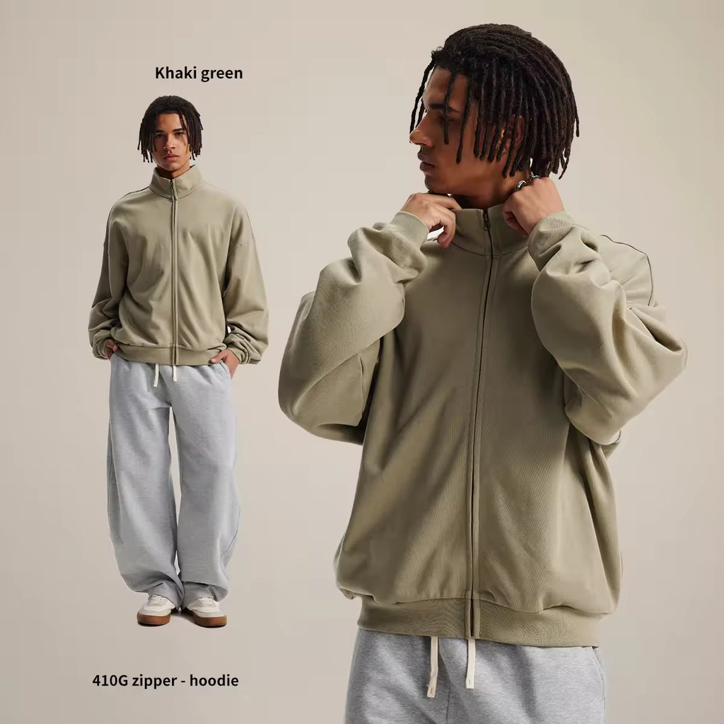 Heavyweight zip-up hoodie with structured stand collar and brushed-knit fabric