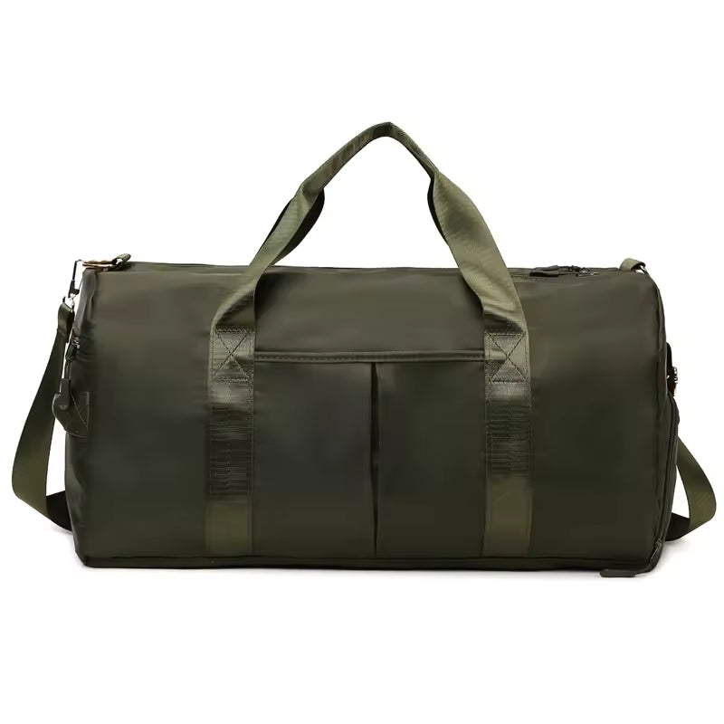 Waterproof gym duffle bag with ventilated shoe compartment and adjustable shoulder strap
