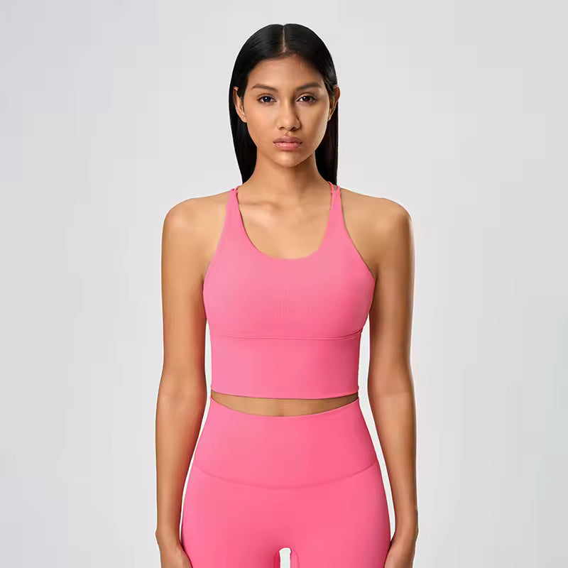 Women's cross-back athletic crop tank top with open back and quick-dry fabric