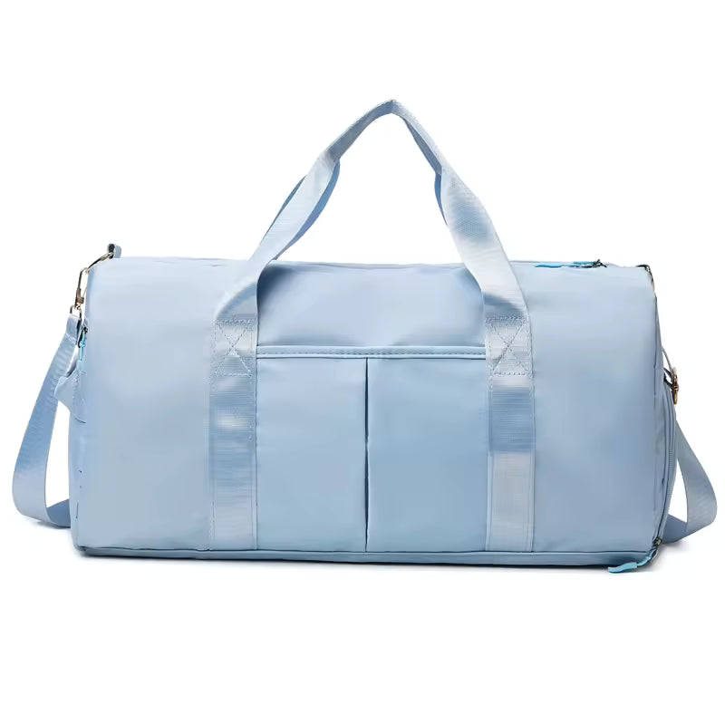 Waterproof gym duffle bag with ventilated shoe compartment and adjustable shoulder strap