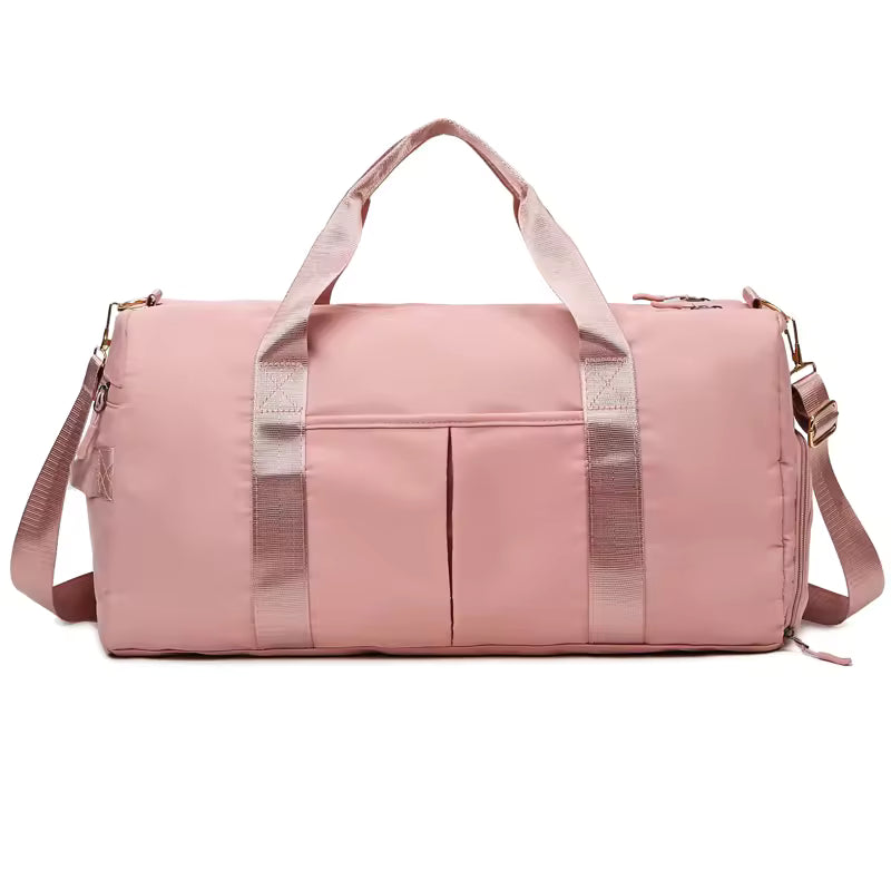 Waterproof gym duffle bag with ventilated shoe compartment and adjustable shoulder strap