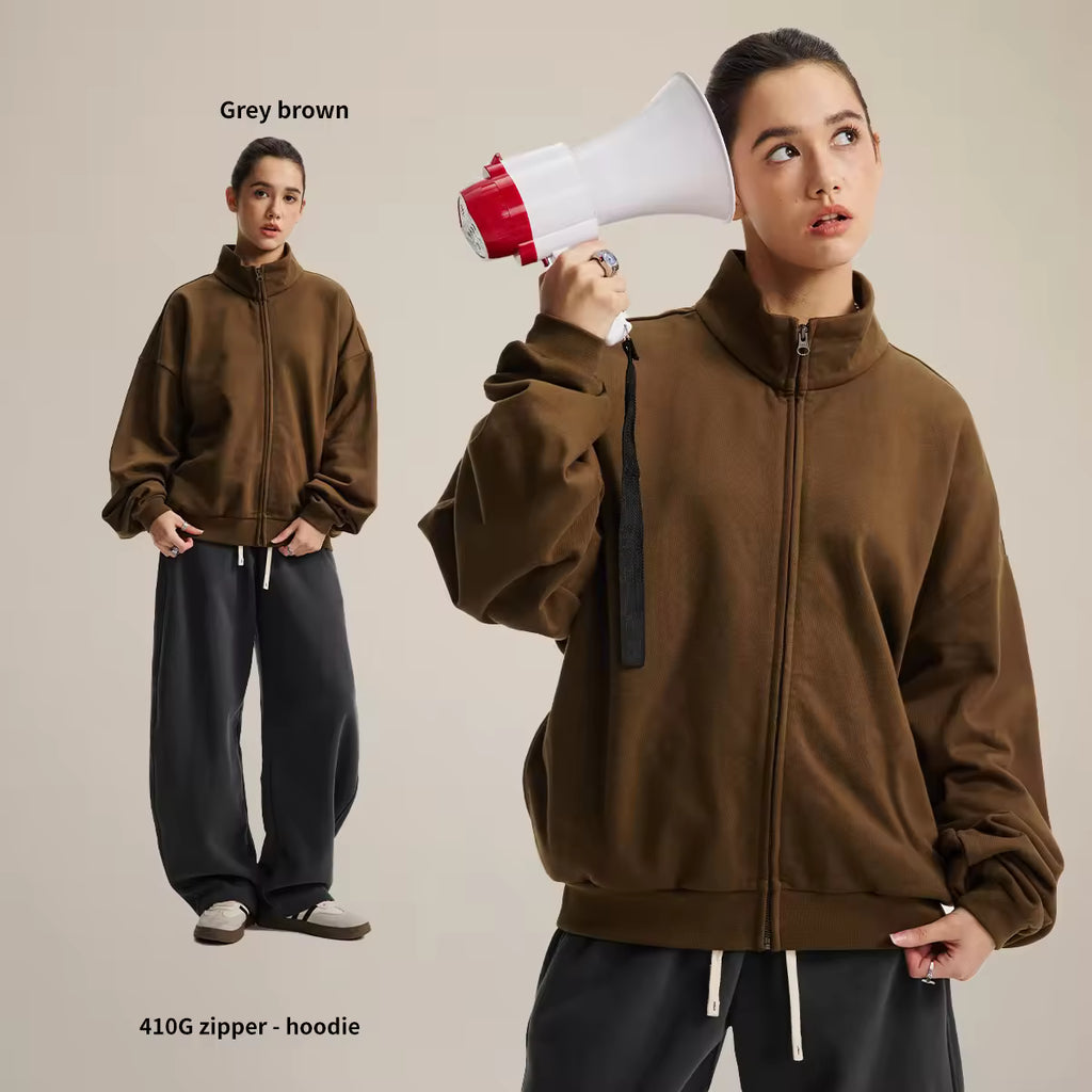 Heavyweight zip-up hoodie with structured stand collar and brushed-knit fabric