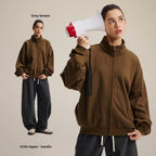Heavyweight zip-up hoodie with structured stand collar and brushed-knit fabric