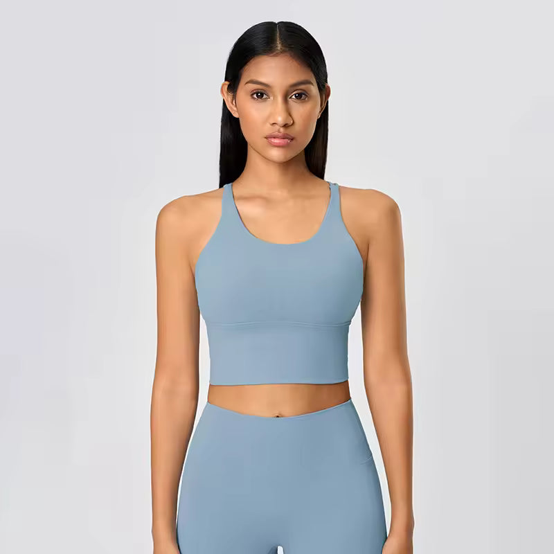 Women's cross-back athletic crop tank top with open back and quick-dry fabric