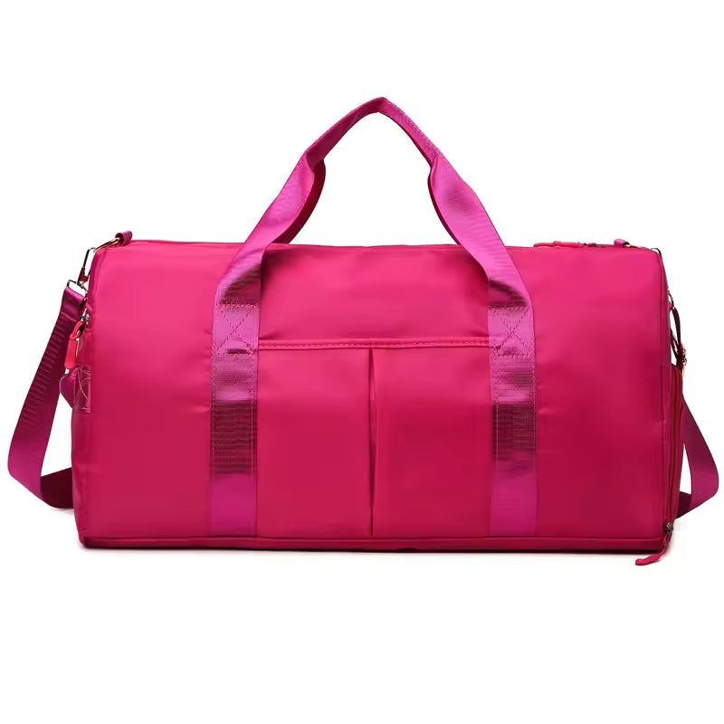 Waterproof gym duffle bag with ventilated shoe compartment and adjustable shoulder strap