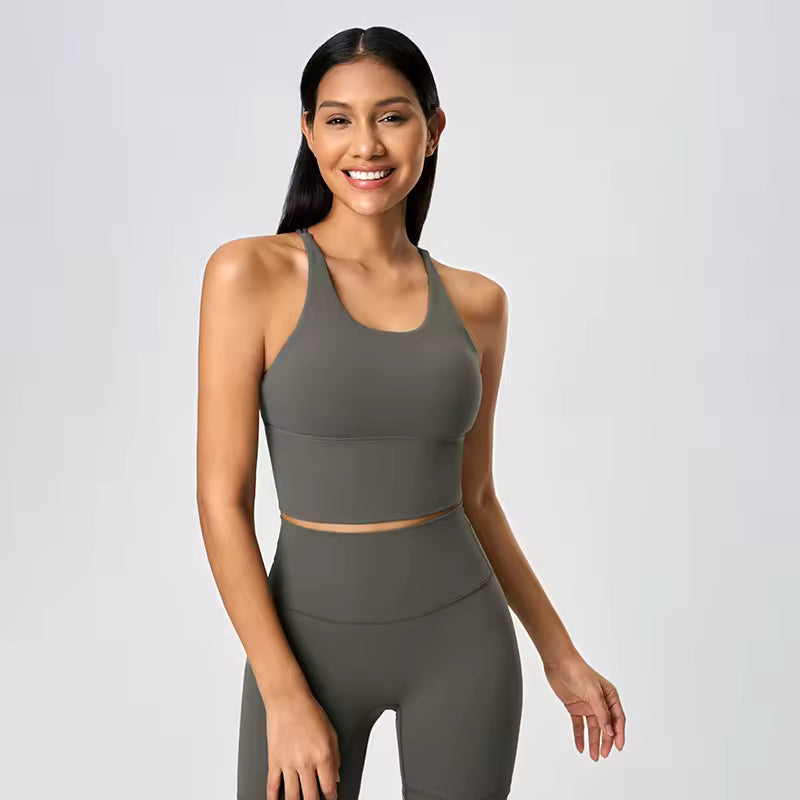 Women's cross-back athletic crop tank top with open back and quick-dry fabric