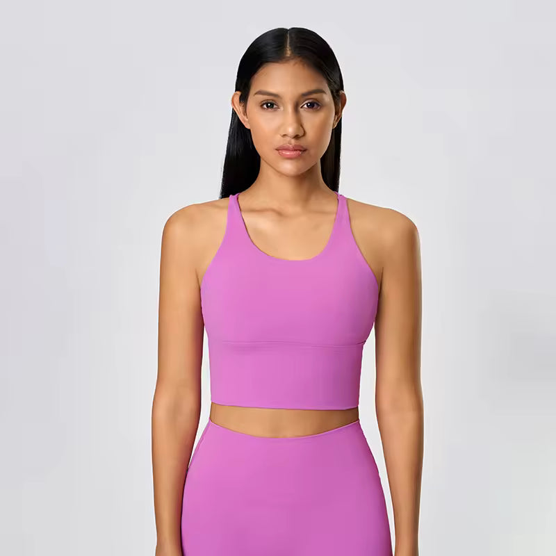Women's cross-back athletic crop tank top with open back and quick-dry fabric