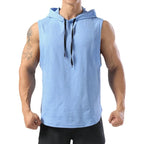 Men's sleeveless hooded gym tank with drop armholes, bodybuilder cut