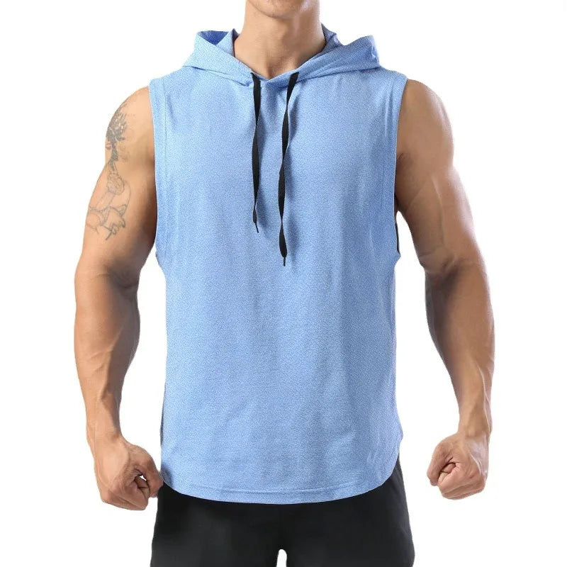Men's sleeveless hooded gym tank with drop armholes, bodybuilder cut