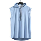 Men's sleeveless hooded gym tank with drop armholes, bodybuilder cut