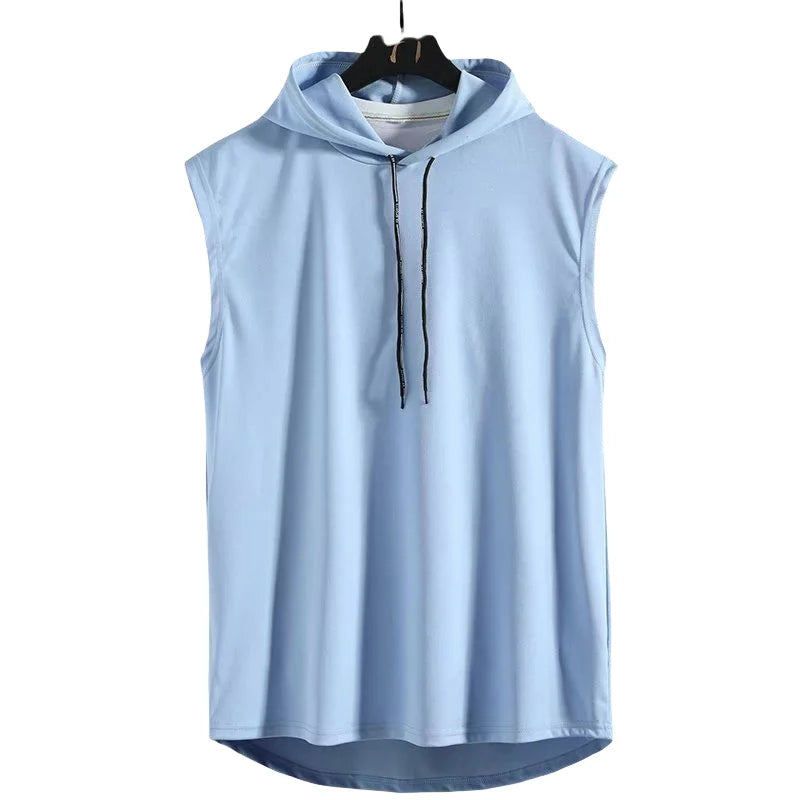 Men's sleeveless hooded gym tank with drop armholes, bodybuilder cut