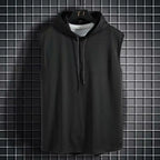 Men's sleeveless hooded gym tank with drop armholes, bodybuilder cut