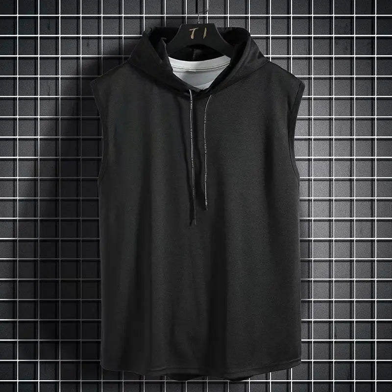 Men's sleeveless hooded gym tank with drop armholes, bodybuilder cut