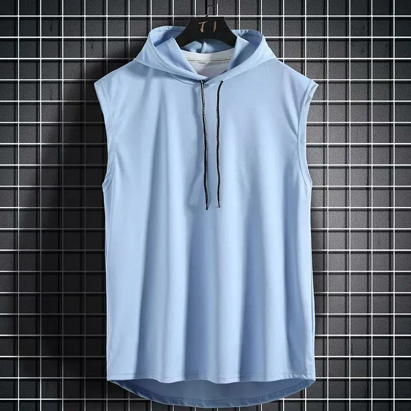 Men's sleeveless hooded gym tank with drop armholes, bodybuilder cut
