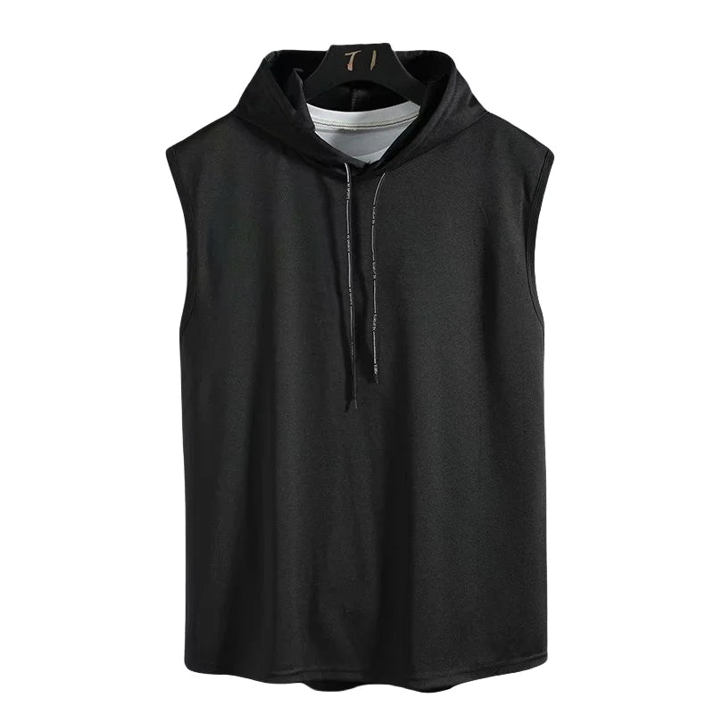 Men's sleeveless hooded gym tank with drop armholes, bodybuilder cut