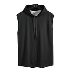 Men's sleeveless hooded gym tank with drop armholes, bodybuilder cut
