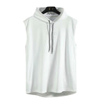 Men's sleeveless hooded gym tank with drop armholes, bodybuilder cut