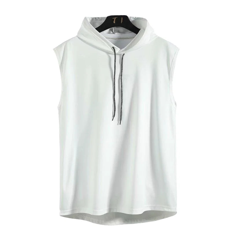 Men's sleeveless hooded gym tank with drop armholes, bodybuilder cut