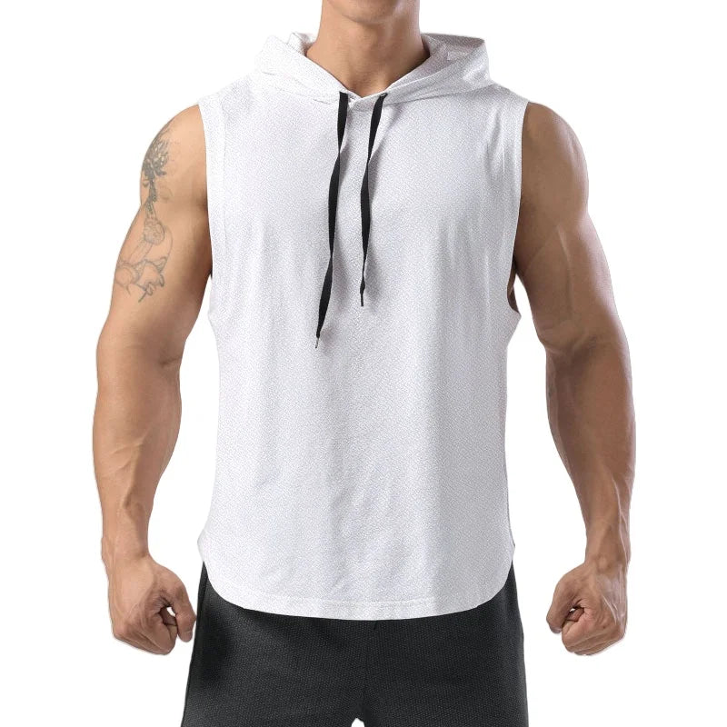 Men's sleeveless hooded gym tank with drop armholes, bodybuilder cut