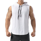 Men's sleeveless hooded gym tank with drop armholes, bodybuilder cut