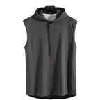 Men's sleeveless hooded gym tank with drop armholes, bodybuilder cut