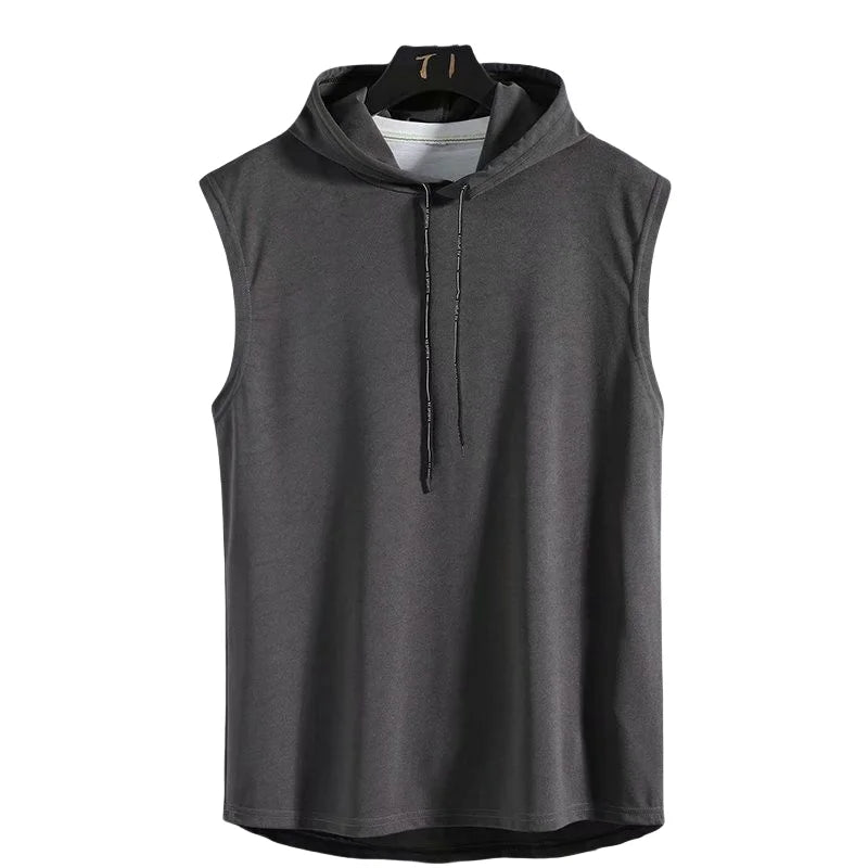 Men's sleeveless hooded gym tank with drop armholes, bodybuilder cut