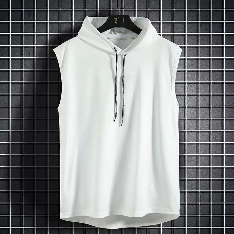 Men's sleeveless hooded gym tank with drop armholes, bodybuilder cut