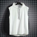 Men's sleeveless hooded gym tank with drop armholes, bodybuilder cut