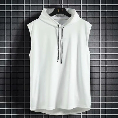 Men's sleeveless hooded gym tank with drop armholes, bodybuilder cut