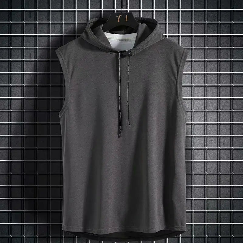 Men's sleeveless hooded gym tank with drop armholes, bodybuilder cut