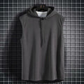 Men's sleeveless hooded gym tank with drop armholes, bodybuilder cut