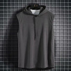 Men's sleeveless hooded gym tank with drop armholes, bodybuilder cut