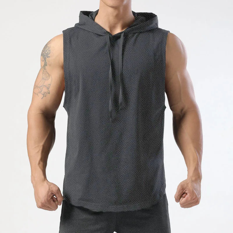 Men's sleeveless hooded gym tank with drop armholes, bodybuilder cut